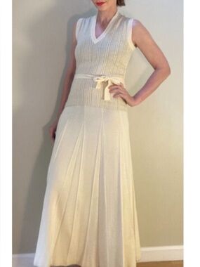 Gino Paoli 1960s Cream & Gold Knit Two-Piece Set Pleat Skirt + Top brunello